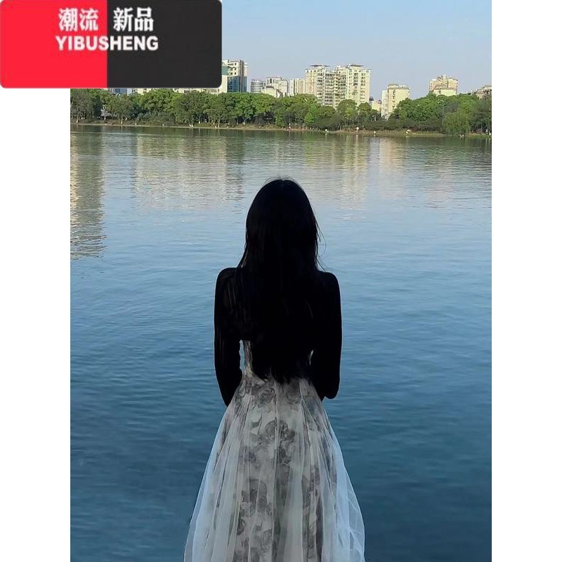 YIBUSHENG法式复古茶歇水墨画网纱连衣裙女季新款韩系小众高腰显瘦吊带裙高清大图