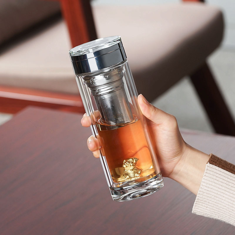 至作(ZHIZUO) 茶水分离 丑牛鎏银双层玻璃杯 300ML