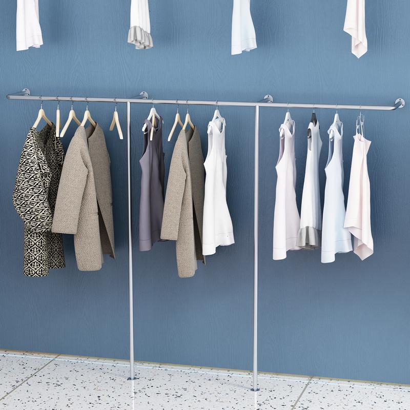 服装店展示架上墙挂衣架不锈钢拉丝银女装店靠墙货架银色侧挂落地晾晒架 三维工匠 长80,深28(不锈钢拉丝银) 官方标配高清大图
