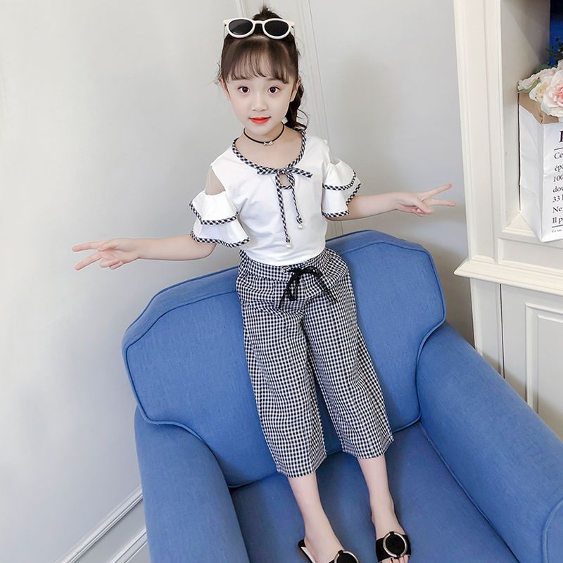 儿童套装女夏装洋气女童套装中大童2021新款时尚七分裤两件套套装 粉红色 格子套装 100 尺码偏大25斤-30斤