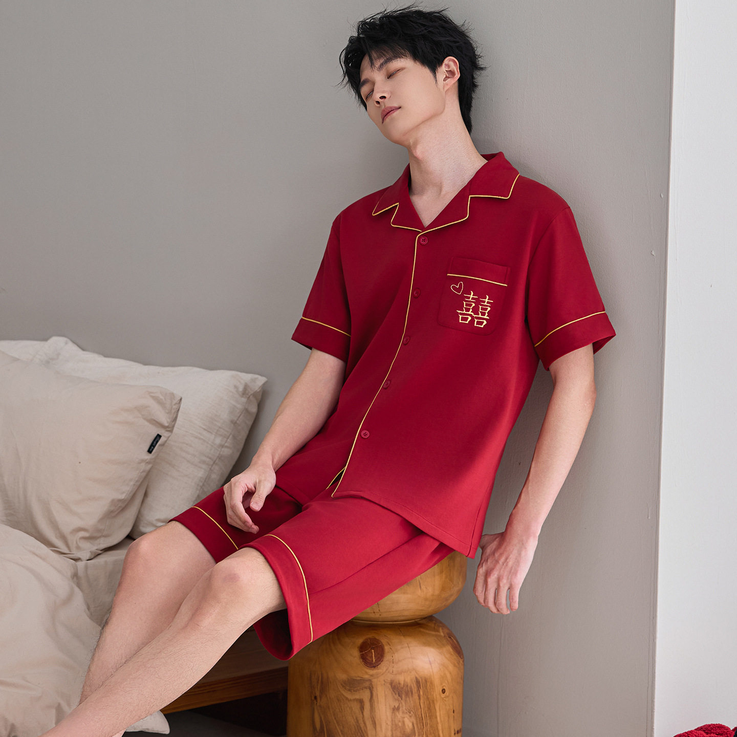 本命年大红色春夏男士纯棉结婚喜庆家居服可外穿短袖短裤开衫套装高清大图