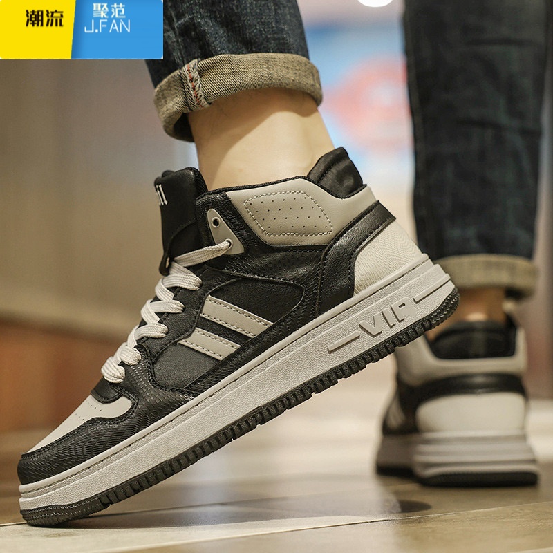 聚范高帮男鞋2024新款秋季百搭男士复古运动防滑板鞋厚底增高休闲潮鞋高清大图