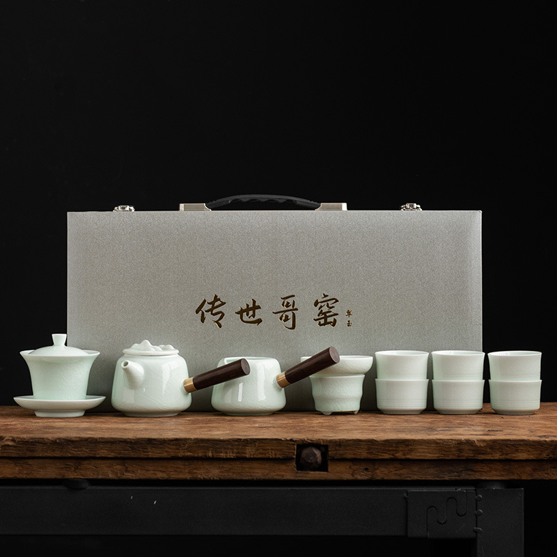 翡翠哥窑功夫茶具高档商务家用送礼盒装公司年会送客户开业伴手礼-翡翠哥窑/双側把礼盒套装高清大图