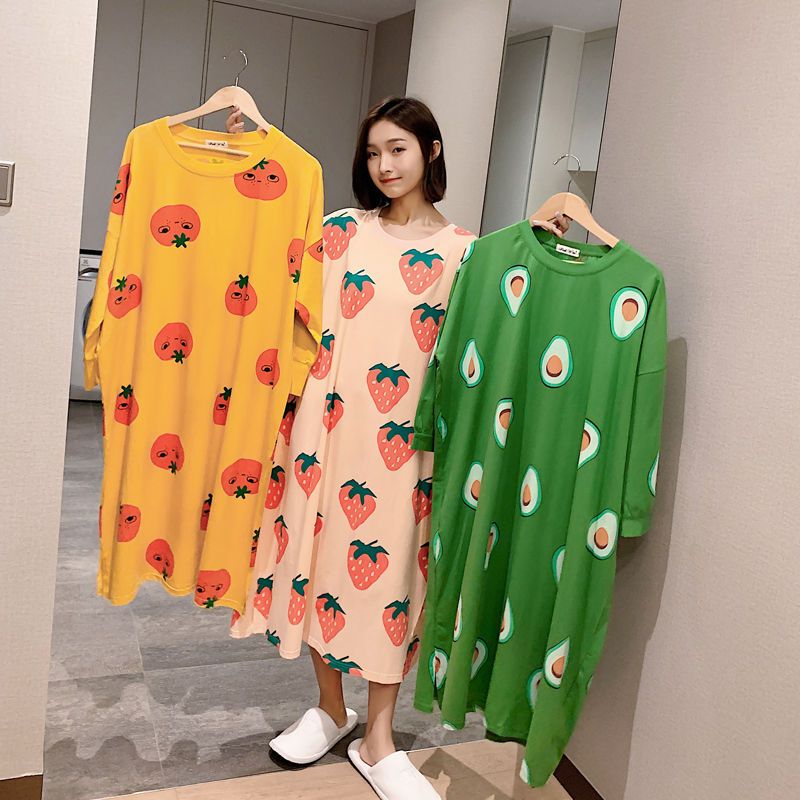 波迷娜bomina莓睡裙女长袖宽松加大孕妇可爱牛油果睡衣服长长袖绿色