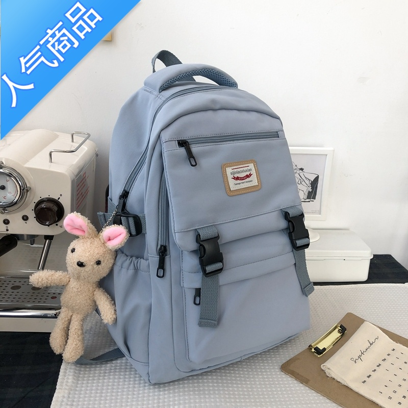 封后书包女韩版高中森系双肩包2021年新款百搭小学生大容量初中生背包学生书包 蓝色+挂件