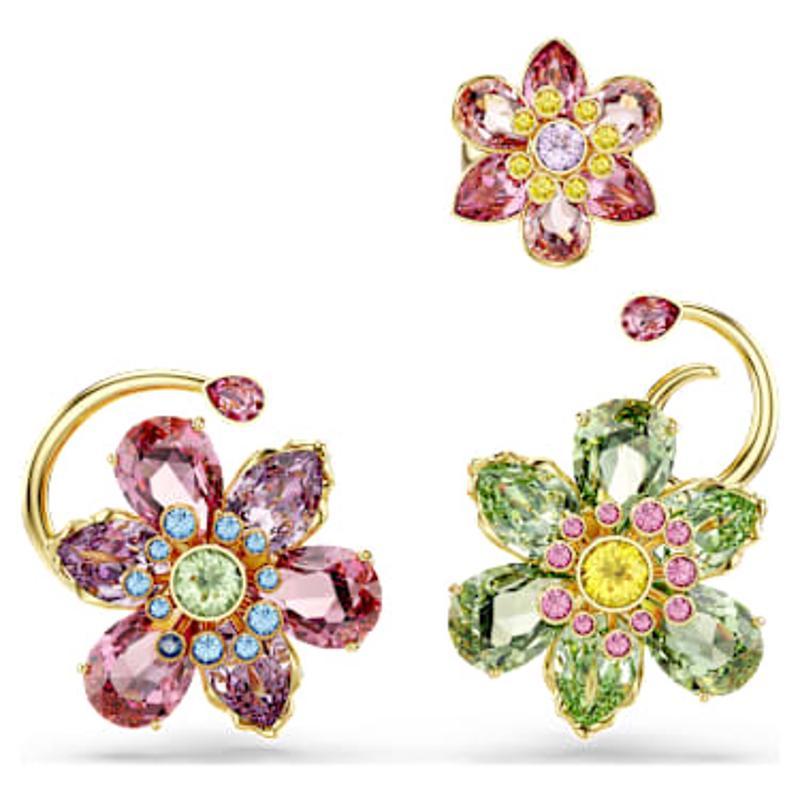 施华洛世奇(SWAROVSKI)耳饰三件套多彩水晶金 tone 镶嵌花朵耳钉