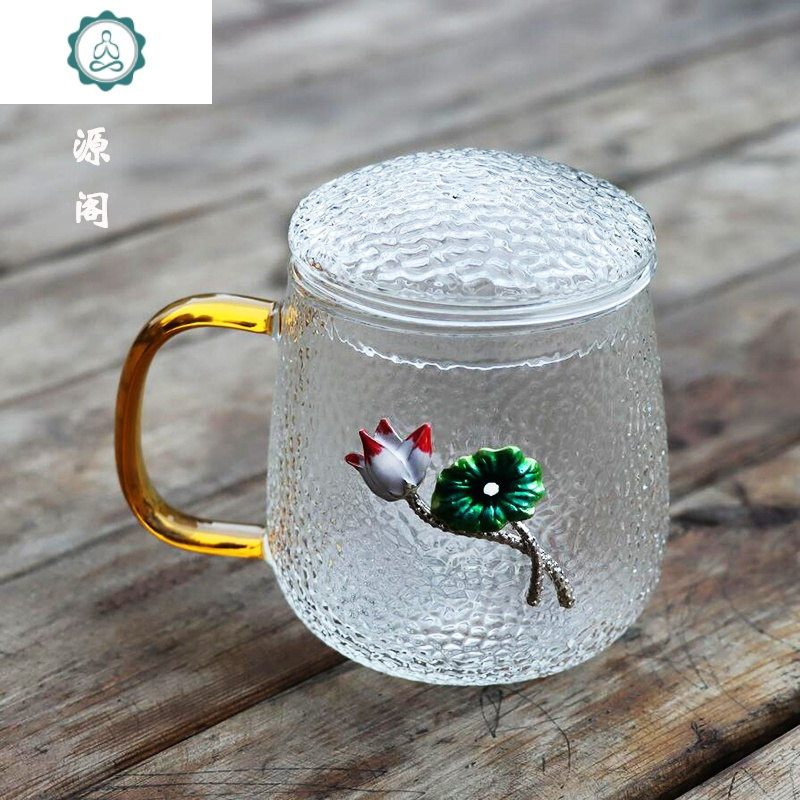 日式锤纹玻璃茶杯家用便携办公大水杯花茶绿茶杯过滤茶水分离带盖 封