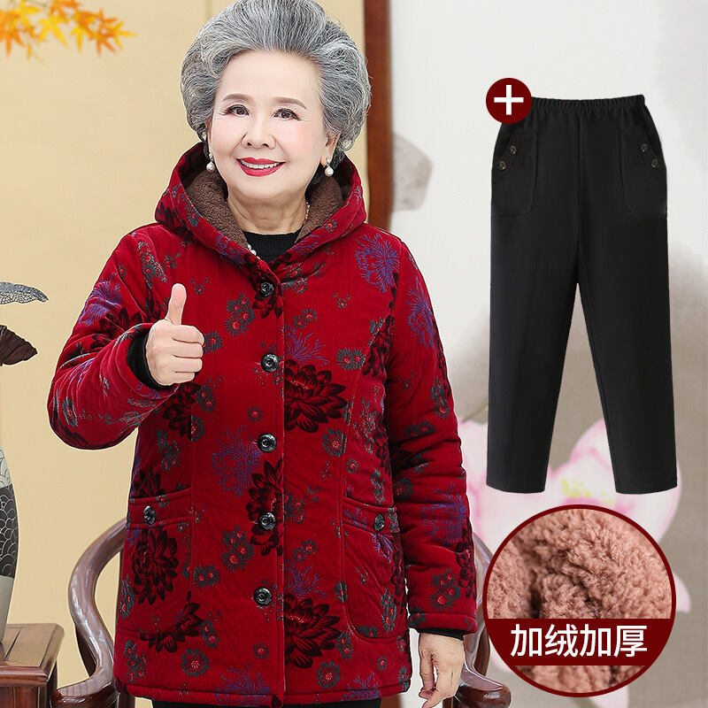 迪鲁奥(DILUAO)老年人冬装女70岁奶奶装棉衣胖妈妈秋冬款老太太老人加厚棉袄衣服 荷花红（上衣+裤子） 3XL（建议120-130斤）
