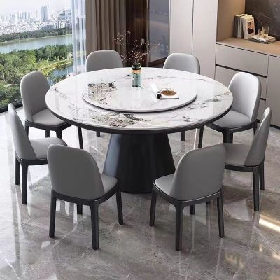 青木川 简约现代实木餐桌椅组合客厅餐厅家用小户型带转盘圆桌微晶石圆形吃饭桌子 黑檀色 1.6米圆桌+10张八角椅