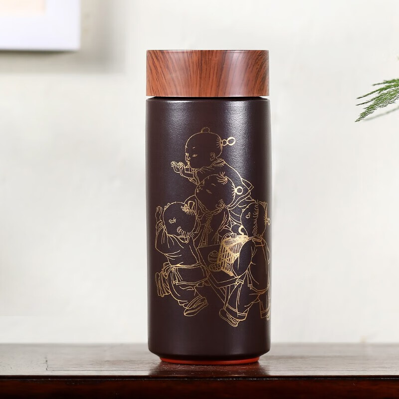 金镶玉 纳福紫砂保温杯 宜兴原矿紫砂杯 描金家用办公杯陶瓷茶杯茶具保温杯礼盒装 360ml高清大图
