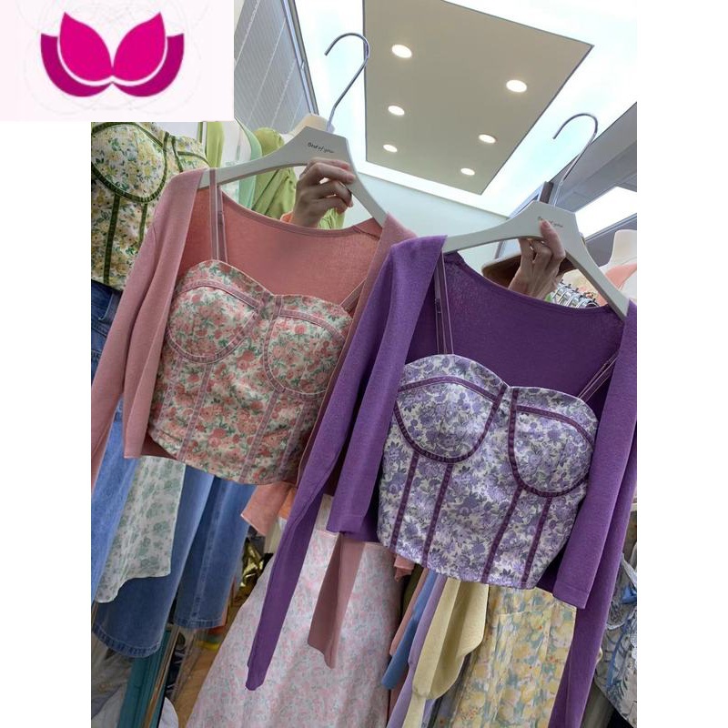 七斓十三行套装女新款2023小个子针织开衫碎花吊带背心短款套高清大图