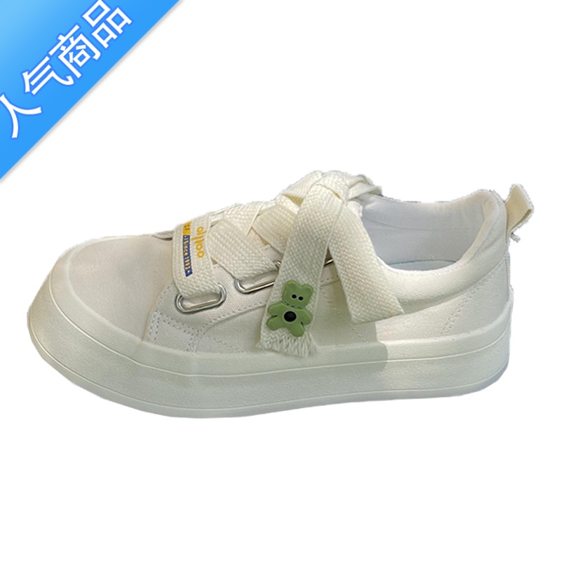 SUNTEK帆布鞋女2023夏季新款小众原创百搭小熊小白鞋厚底休闲运动板鞋子高清大图