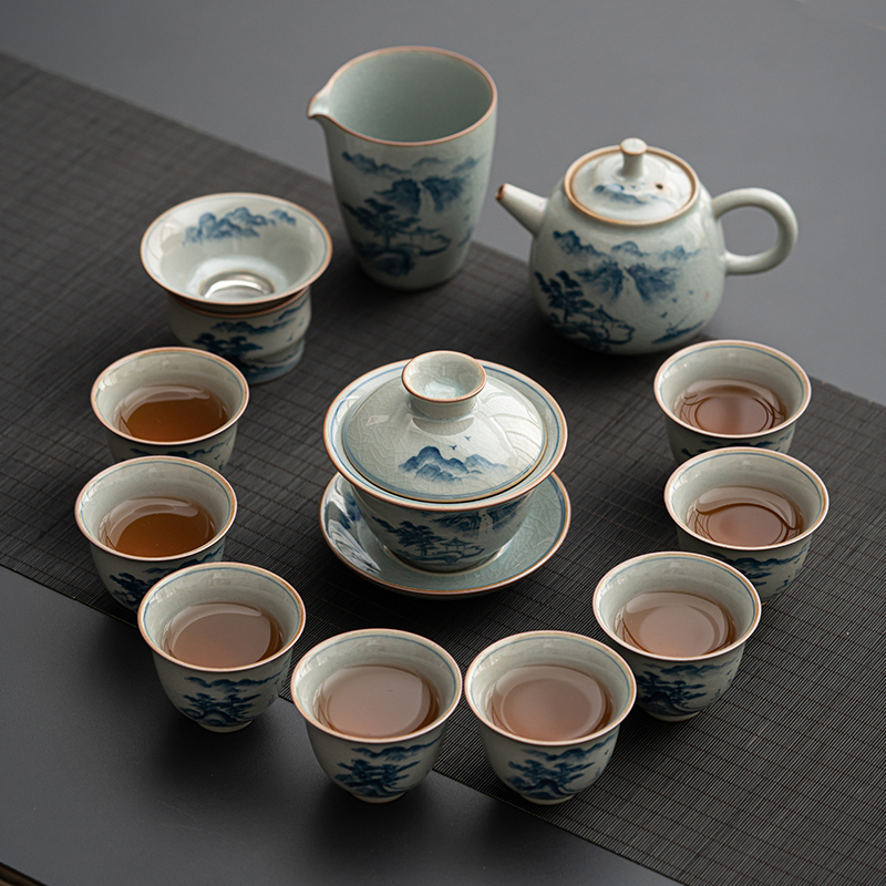 苏氏陶瓷(SUSHI CERAMICS)汝窑开片手绘山水泛舟三才盖碗茶壶礼盒茶具组