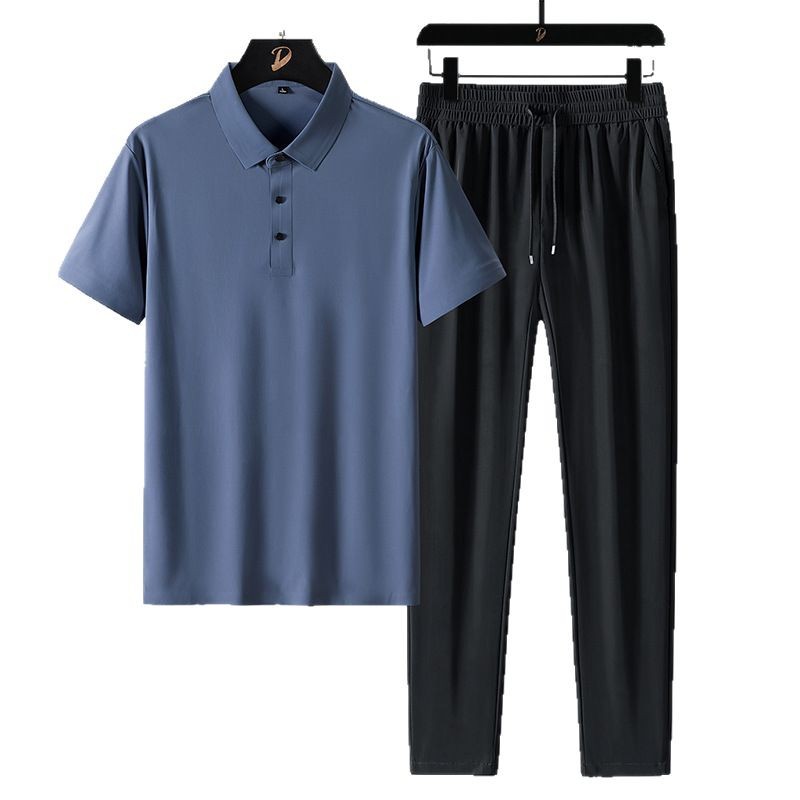 啄木鸟夏季冰丝款套装男士无痕T恤短袖POLO+休闲裤子男两件装父亲高清大图