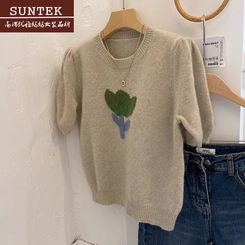 suntek花朵郁金香短袖毛衣女春慵懒风软糯泡泡袖圆领针织衫打底上衣