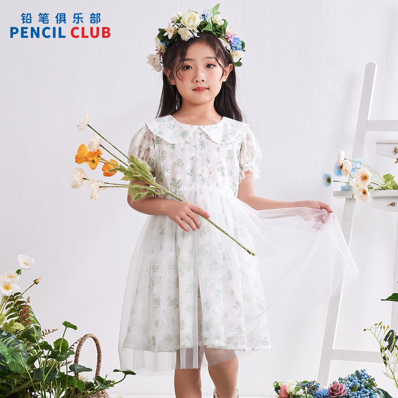 [1件3折]铅笔俱乐部2025年夏装新品女童连衣裙中大童娃娃领连身裙儿童裙子