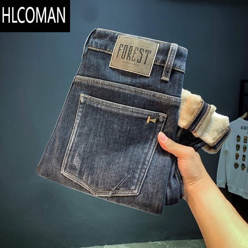 HLCOMAN加绒牛仔裤男款冬季2023新款青年休闲p暖裤子男修身弹力男裤外穿 蓝灰9502加绒 31