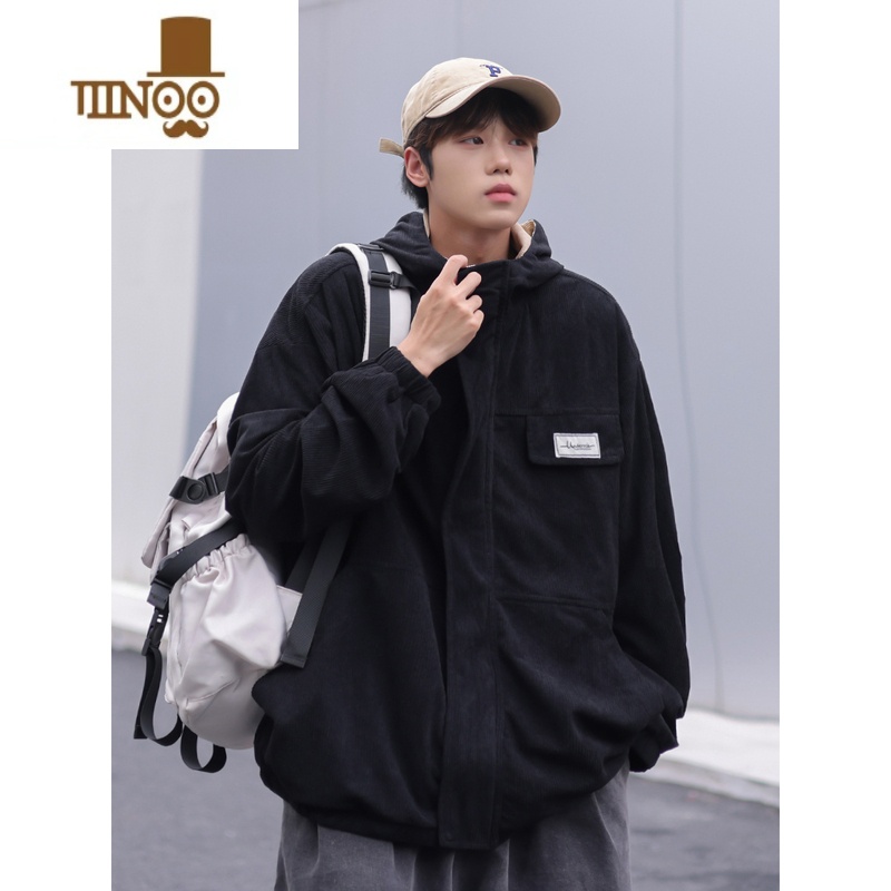 YANXU2023秋季新款工装外套男生款帅气学生灯芯绒连帽夹克高清大图