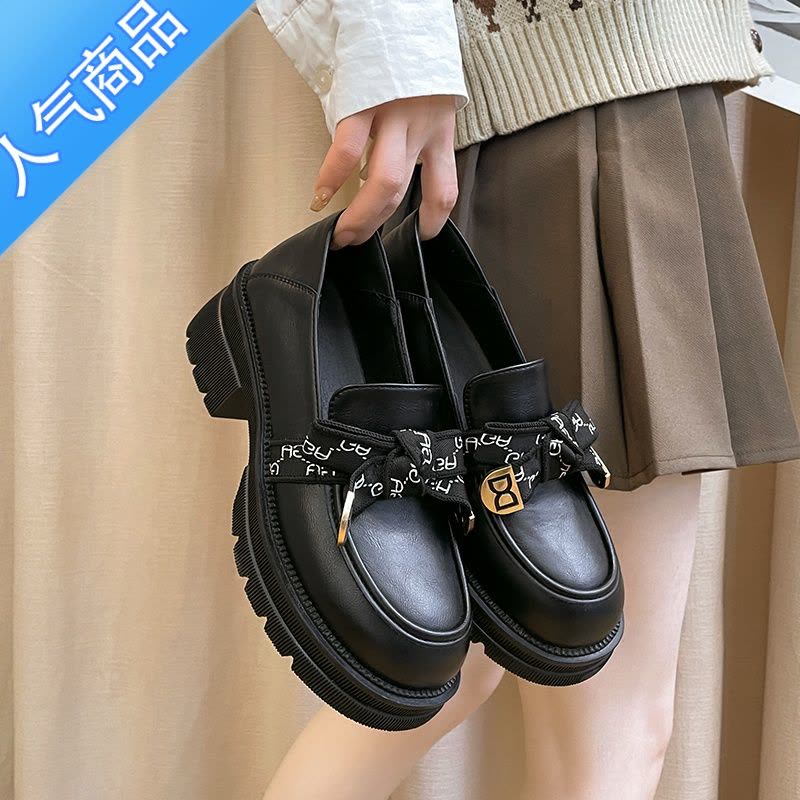 SUNTEK厚底乐福鞋女夏一脚蹬英伦JK小皮鞋2023新款复古小众黑色单鞋松糕图片