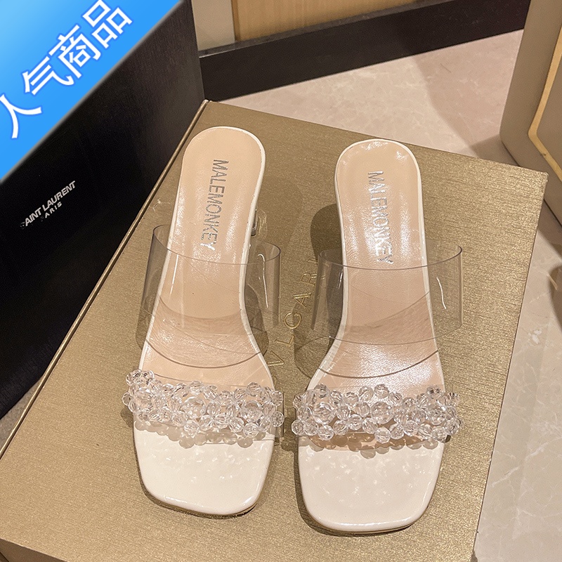 SUNTEK透明凉鞋女高跟鞋2023年夏季新款中跟时装水晶粗跟外穿水钻凉拖鞋高清大图