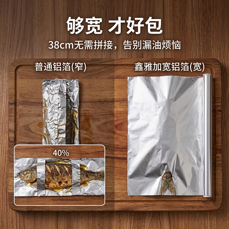 鑫雅铝箔锡纸38cm*8m盒装厨房烘焙烧烤烤箱空气炸锅专用锁水保鲜不易焦黑 型号Y0468 5卷装共40米高清大图