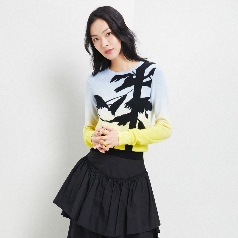 鄂尔多斯ERDOS [刘雯同款]早秋圆领时尚提花吊染羊绒衫针织衫女毛衣