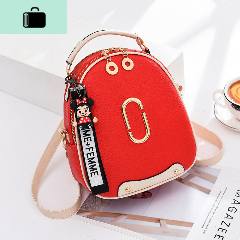 春夏小包包2020年新款单肩女包潮时尚百搭超火背包夏季双肩斜挎包NEWLAKE 半圆五金-红色面拼米白