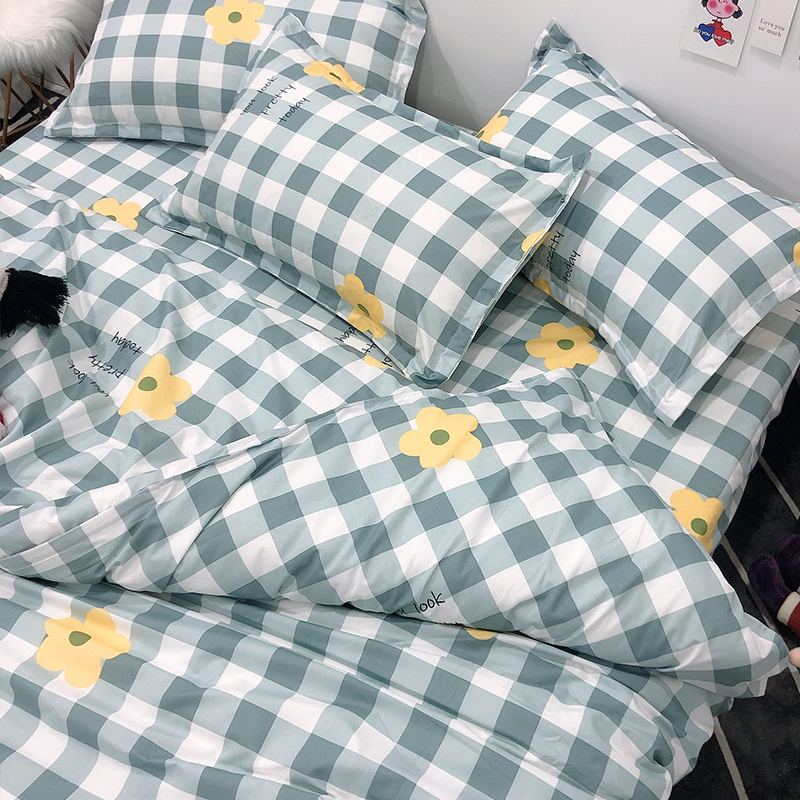 日式小清新格子花卉床单被套1.5四件套学生宿舍单人3件套网红床品