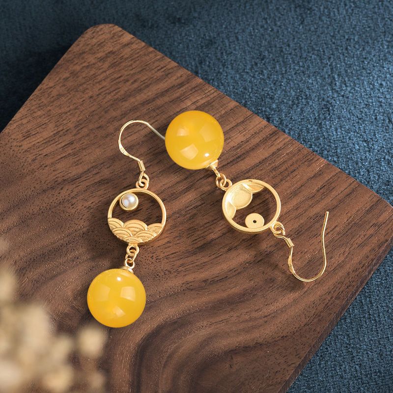 单锆水滴蜜蜡耳坠金钩二代琥珀蜜蜡耳环女复古民族风鸡油黄水滴耳坠