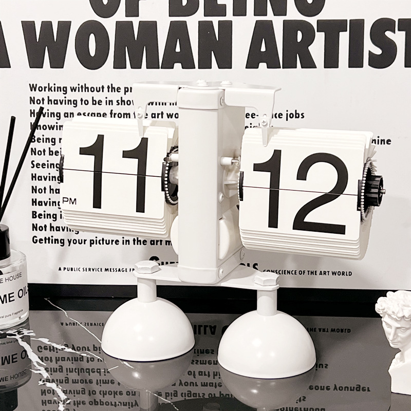 欧式自动翻页钟复古简约家居客厅座钟小天平机械自动翻页时钟【2】 双脚全白款