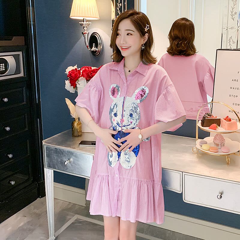 迪鲁奥(DILUAO)孕妇连衣裙夏装新款亮片兔子短袖衬衫韩版中长款外出哺乳孕妇裙夏图片