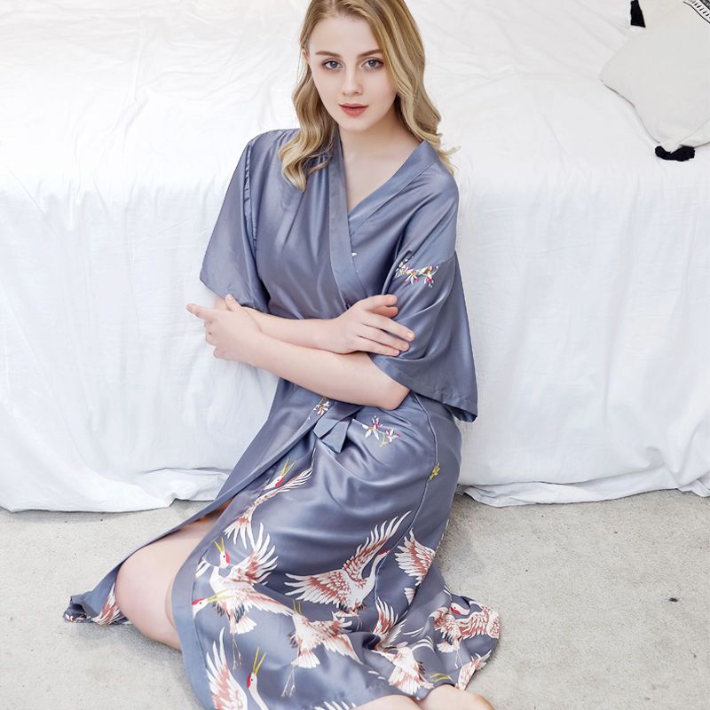 睡衣女春夏款风格睡袍性感晨袍长款浴袍女纺真丝家居服
