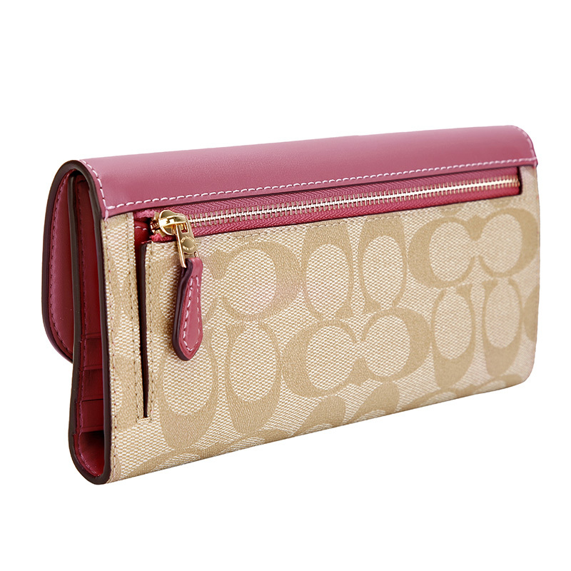 coach蔻驰奢侈品女士卡其玫红色人造革配皮长款钱包钱夹女f57319imp4j