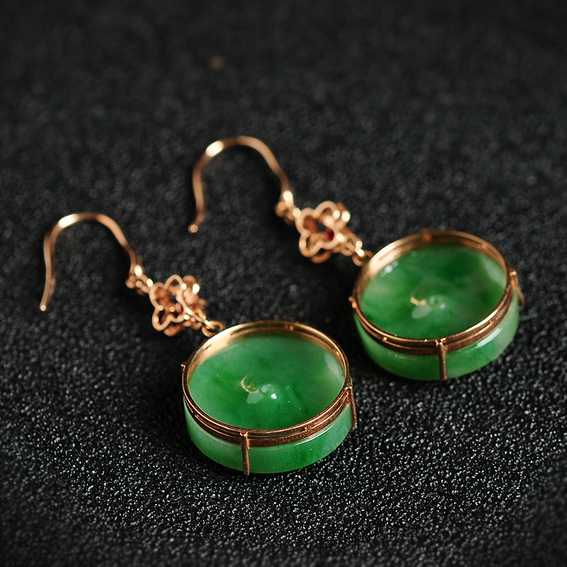 翡翠满绿耳钉18k镶嵌玉石耳环女款圆环耳坠耳饰品带证书送女朋友七夕