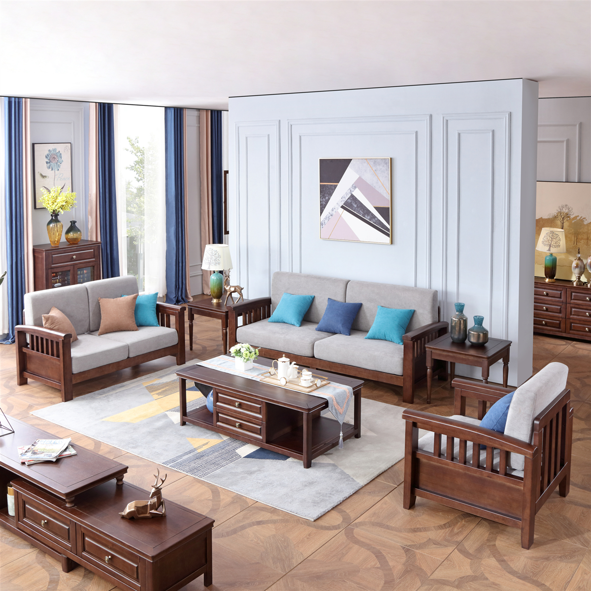 青木川 美式乡村实木沙发茶几组合1 2 3单人位小户型木质 客厅餐厅