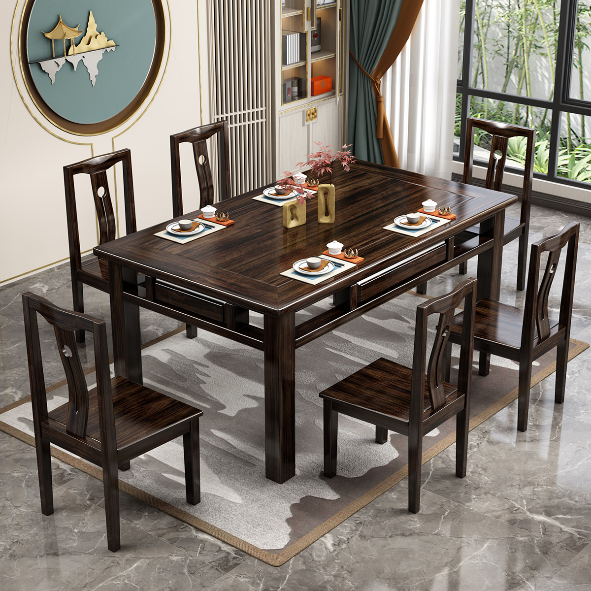 月影梳桐新中式餐桌实木乌金木餐桌长方形现代简约禅意中式轻奢家用