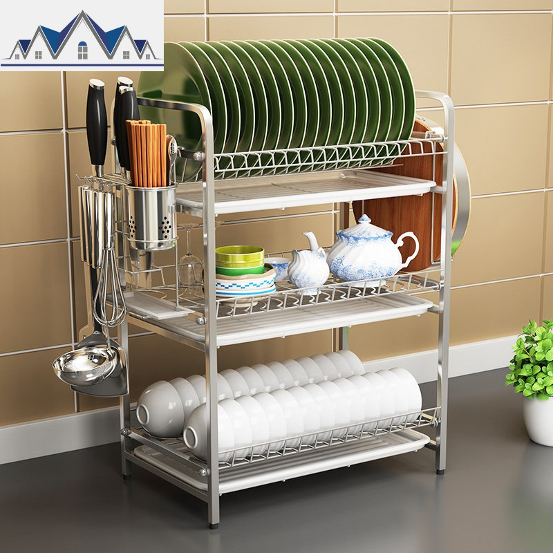 三层304不锈钢碗架沥水架厨房盘子架放晾洗碗碟餐具收纳盒三维工匠
