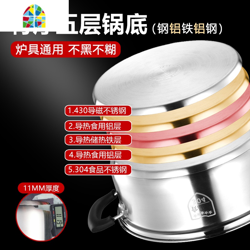 304不锈钢汤锅 加厚家用煮汤锅不粘锅蒸锅燃气电磁炉锅专用火锅锅 FENGHOU 304特厚五层复底28CM高清大图