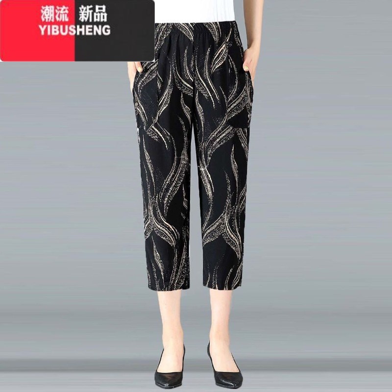 YIBUSHENG季冰丝花裤七分裤女中老年女裤七分休闲裤女高腰大码妈妈花裤子高清大图