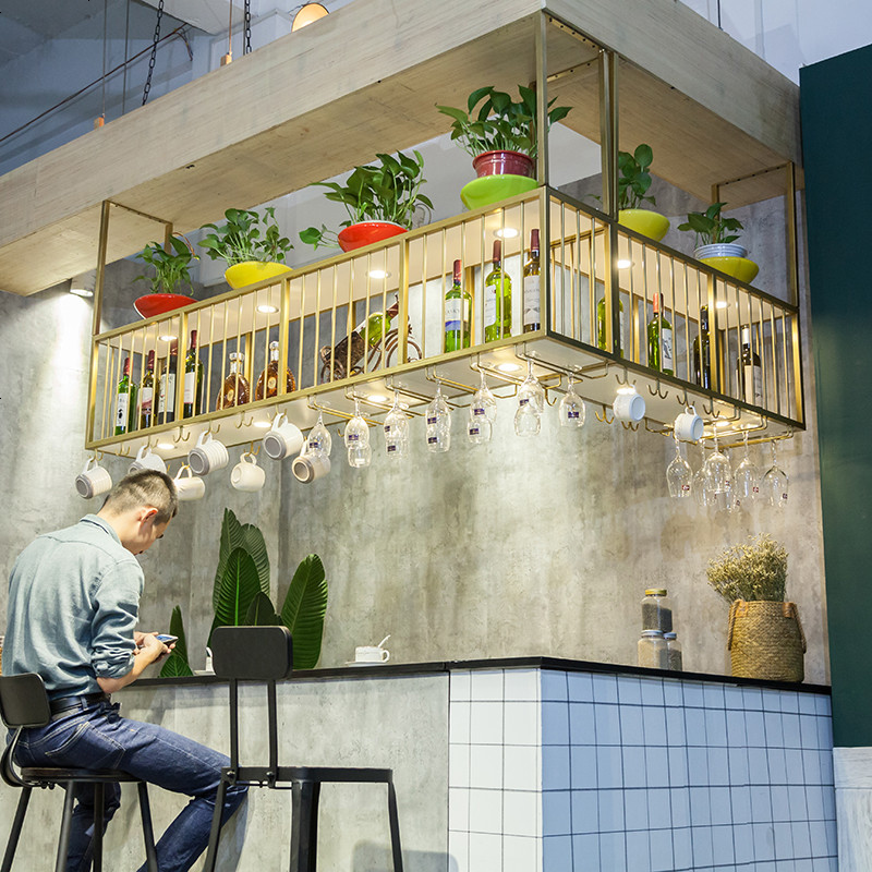 北欧吧台吊架酒架装饰花架铁艺吊顶酒柜倒挂高脚杯架酒吧悬挂吊柜参数