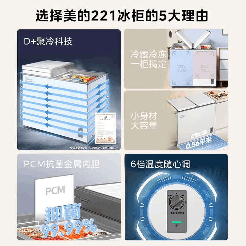 美的冰柜 家用商用囤货双箱双温冷柜蝶形门 冷藏冷冻柜卧式MR-221VM(E) MR-221VM(E) 极地白图片
