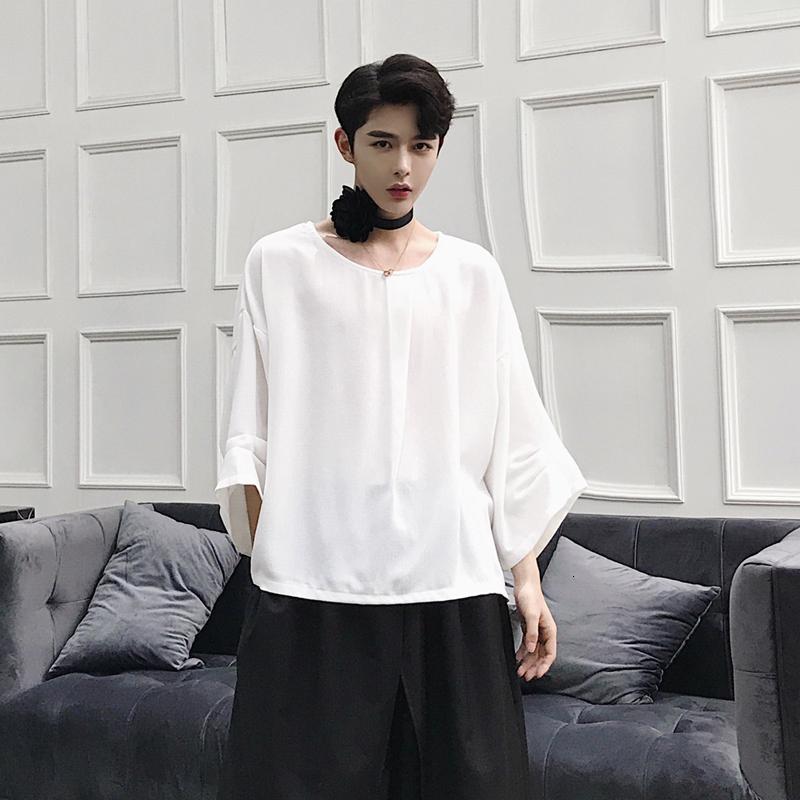 夏款男士褶皱圆领七分袖短袖T恤圆领半袖学生体恤韩版宽松时尚