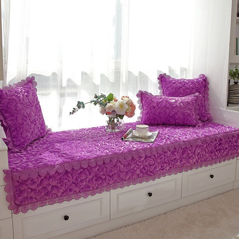 汐岩阳台飘窗垫窗台垫卧室飘窗装饰榻榻米四季坐垫儿童房公主风飘窗毯 玫瑰毛绒-紫色宽50+20*长210cm一张