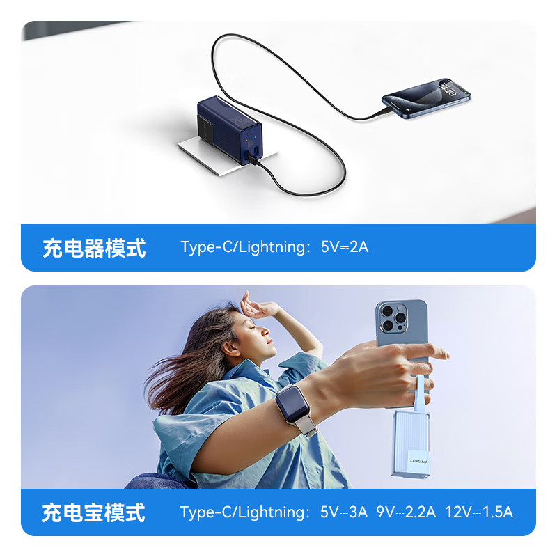 品胜(PISEN) PD20W快充自带线插头充电器三合一便携小巧5000毫安大容量适用苹果16TP-D109 黑高清大图