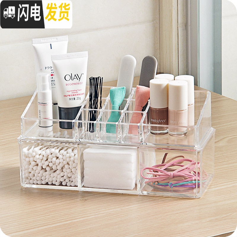三维工匠透明亚克力化妆品收纳盒塑料桌面储物盒化妆棉化妆刷防尘收纳盒高清大图
