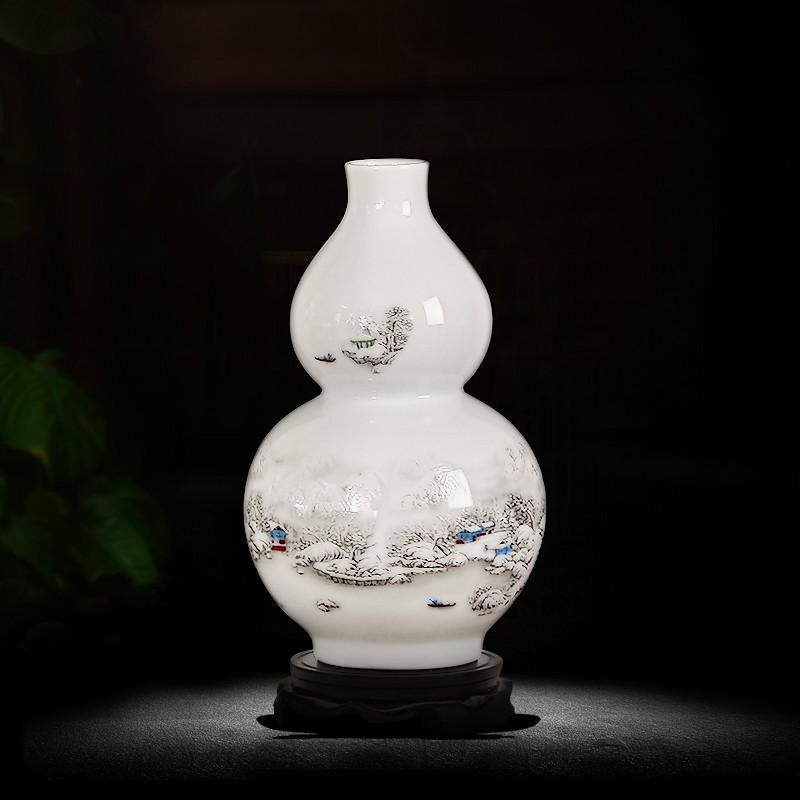 景德镇陶瓷器花瓶 落地大号仿古清明上河图青花瓷瓶酒店客厅摆件 三维工匠 雪景葫芦瓶+底座高清大图