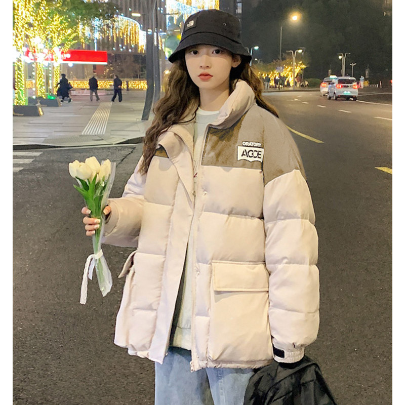 2023秋冬新款女立领拼色大口袋羽绒服百搭无性别羽绒时尚_372 浅米杏 L