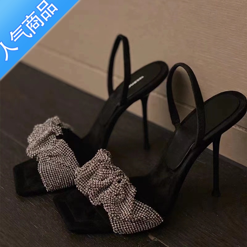 SUNTEK杨幂明星同款凉鞋aw大王高跟鞋细跟水钻一字带方头2023夏新款外穿高清大图