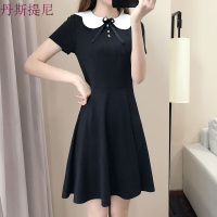 胖mm夏装2018加肥加大码娃娃领显瘦短袖连衣裙胖妹妹赫本小黑裙女黑色