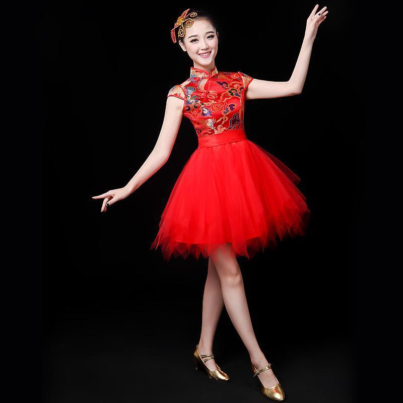 打鼓服装新款女中国风舞蹈服快板舞演出服成人腰鼓套装短裙广场舞红色